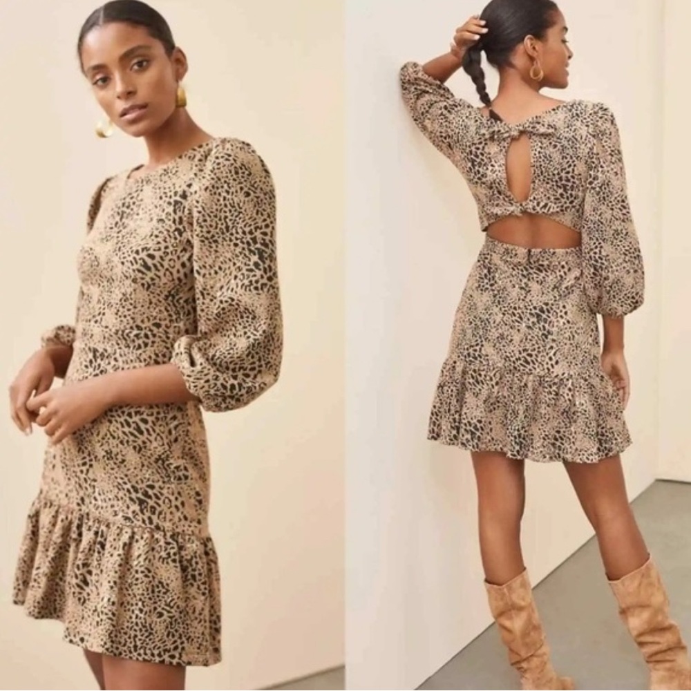 Anthropologie Mauve Dress Leopard Open Back with Bows Size Medium Long Sleeve